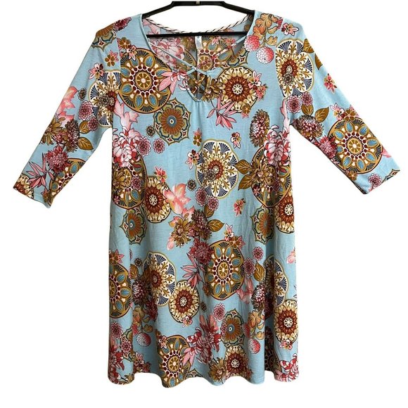Paisley Grace Women Medium 3/4 Sleeve Dress Multicolor Floral Teal Pink Shift - Picture 1 of 9